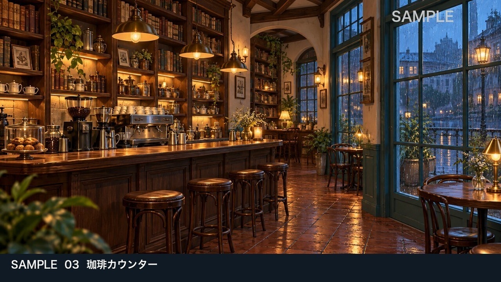 【背景素材6枚】雨音の古書喫茶 ― 夜の読書と待ち合わせ|TRPG・ゲーム・商用利用可