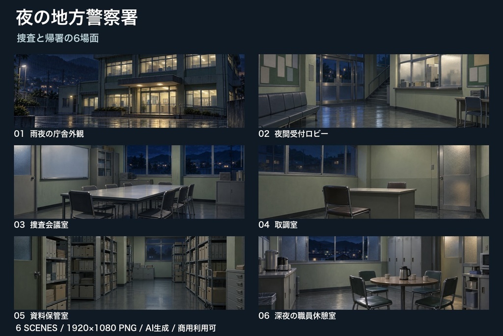 【背景素材6枚】夜の地方警察署 ― 捜査と帰署の6場面|TRPG・ゲーム・商用利用可