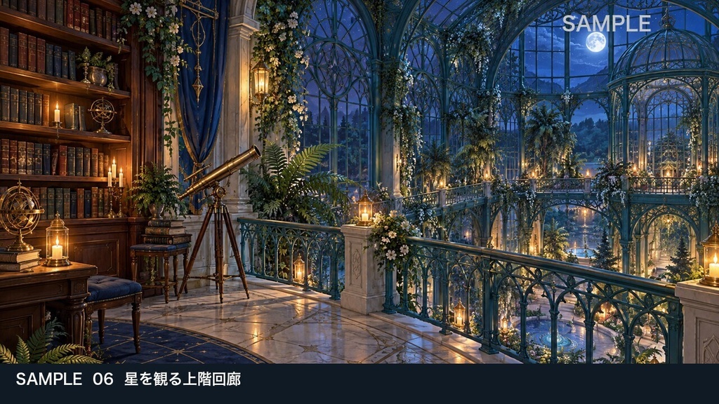 【背景素材6枚】月明かりの温室書庫 ― 植物と星を巡る6場面|TRPG・ゲーム・商用利用可