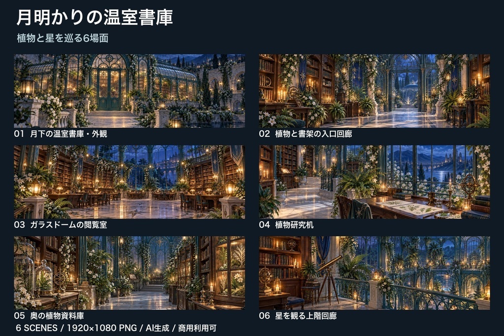 【背景素材6枚】月明かりの温室書庫 ― 植物と星を巡る6場面|TRPG・ゲーム・商用利用可