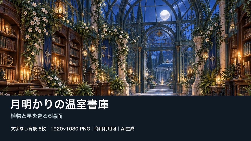 【背景素材6枚】月明かりの温室書庫 ― 植物と星を巡る6場面|TRPG・ゲーム・商用利用可