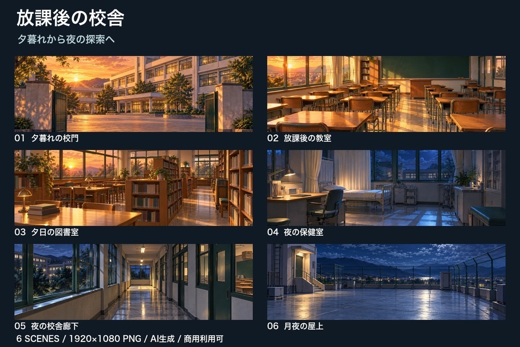 【背景素材6枚】放課後の校舎 ― 夕暮れから夜の探索へ|TRPG・ゲーム・商用利用可