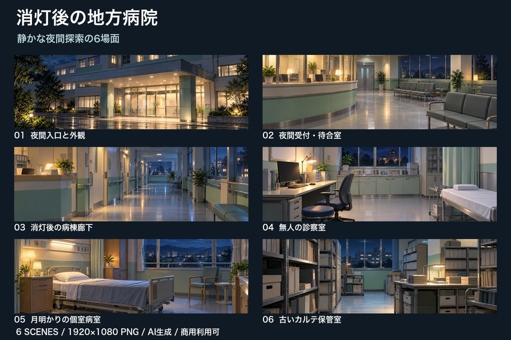 【背景素材6枚】消灯後の地方病院 ― 静かな夜間探索の6場面|TRPG・ゲーム・商用利用可