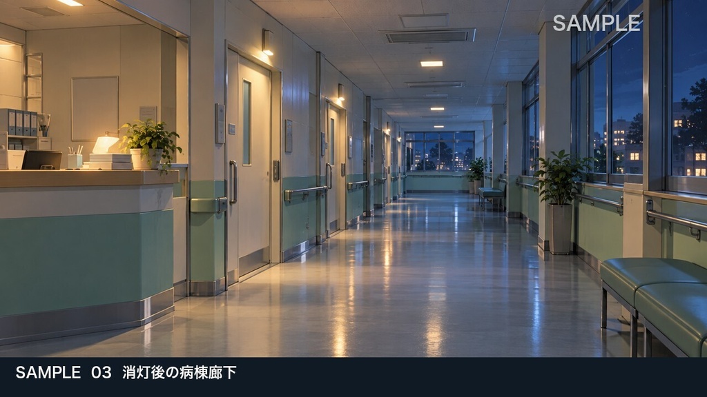 【背景素材6枚】消灯後の地方病院 ― 静かな夜間探索の6場面|TRPG・ゲーム・商用利用可