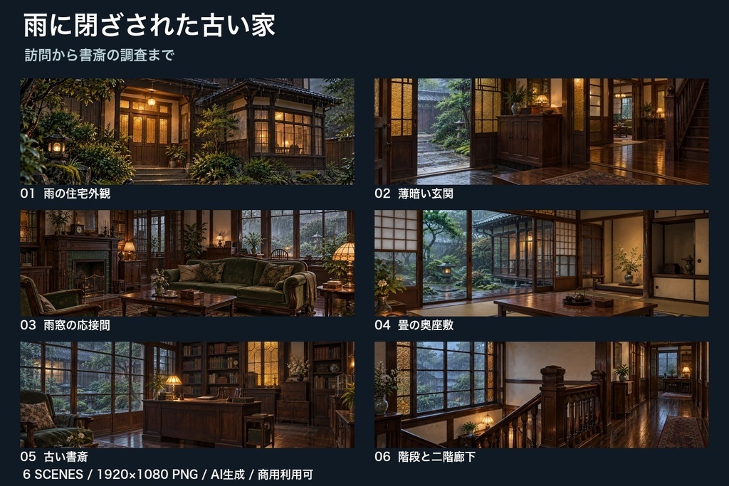 【背景素材6枚】雨に閉ざされた古い家 ― 訪問から書斎の調査まで|TRPG・ゲーム・商用利用可