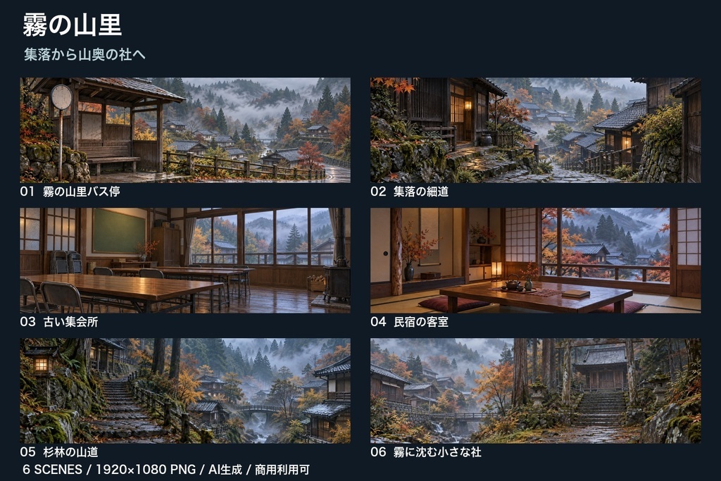 【背景素材6枚】霧の山里 ― 集落から山奥の社へ|TRPG・ゲーム・商用利用可