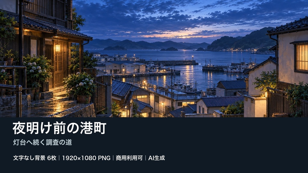 【背景素材6枚】夜明け前の港町 ― 灯台へ続く調査の道｜TRPG・ゲーム・商用利用可