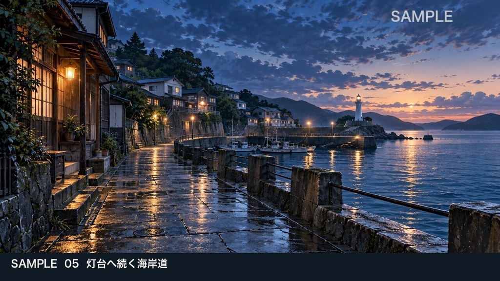 【背景素材6枚】夜明け前の港町 ― 灯台へ続く調査の道|TRPG・ゲーム・商用利用可