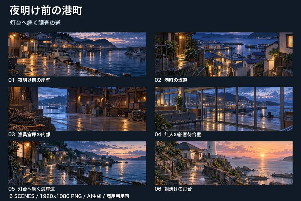 【背景素材6枚】夜明け前の港町 ― 灯台へ続く調査の道|TRPG・ゲーム・商用利用可