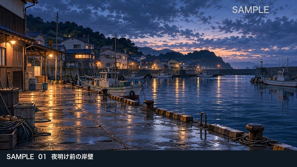 【背景素材6枚】夜明け前の港町 ― 灯台へ続く調査の道|TRPG・ゲーム・商用利用可