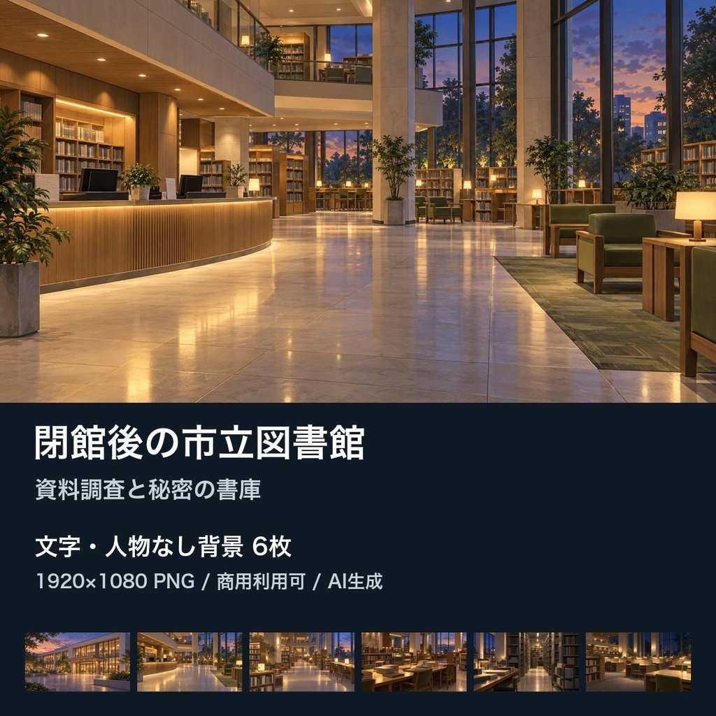 【背景素材6枚】閉館後の市立図書館 ― 資料調査と秘密の書庫｜TRPG・ゲーム・商用利用可