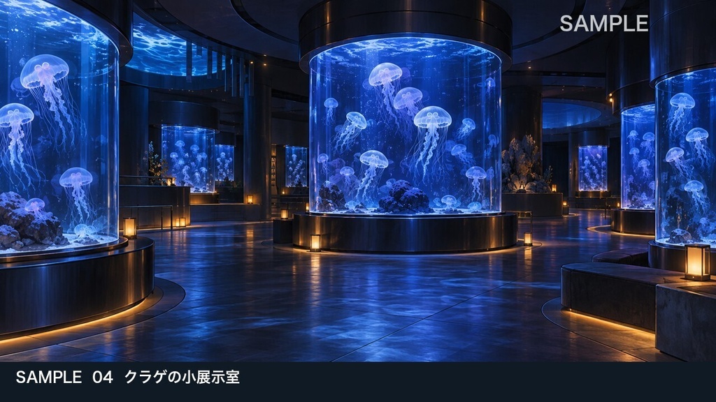 【背景素材6枚】閉館後の青い水族館 ― 大水槽とバックヤード|TRPG・ゲーム・商用利用可