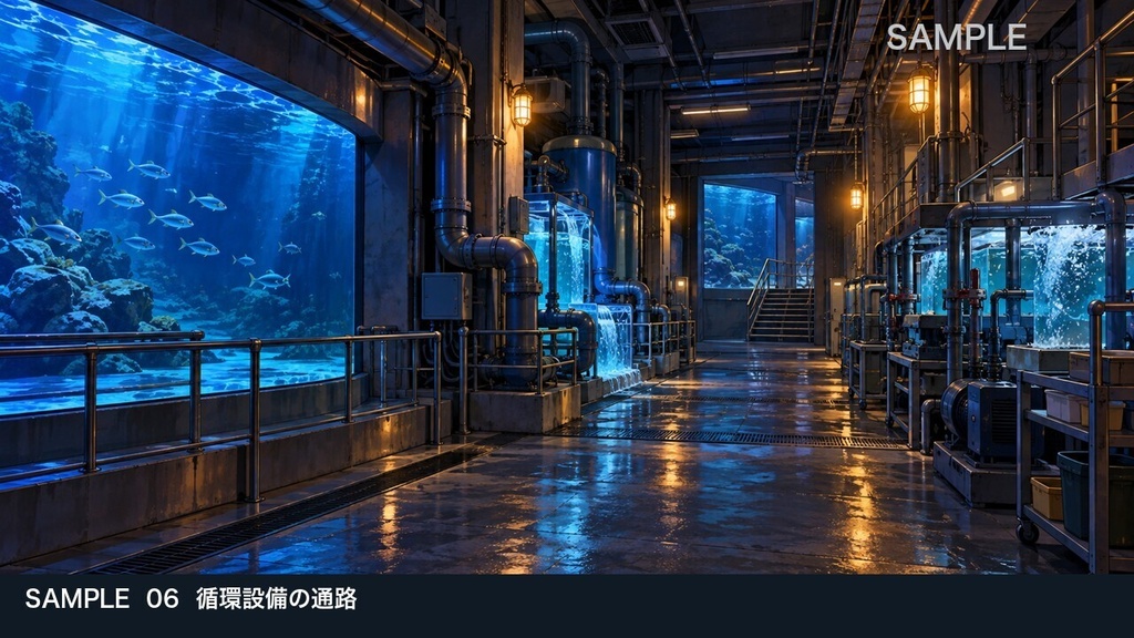 【背景素材6枚】閉館後の青い水族館 ― 大水槽とバックヤード|TRPG・ゲーム・商用利用可