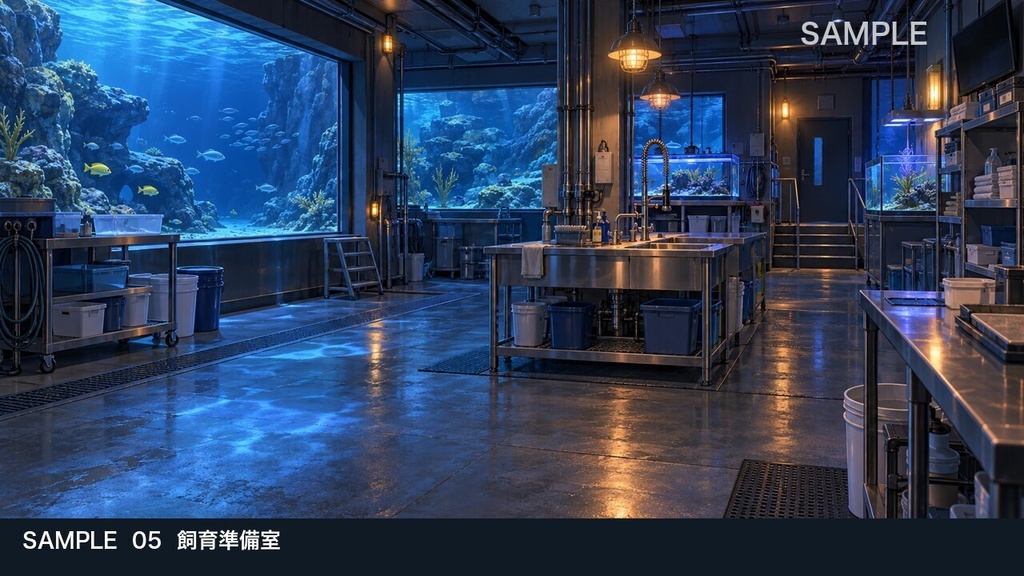 【背景素材6枚】閉館後の青い水族館 ― 大水槽とバックヤード|TRPG・ゲーム・商用利用可