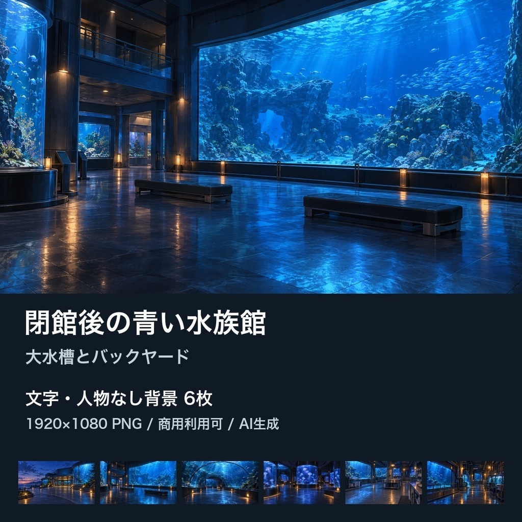 【背景素材6枚】閉館後の青い水族館 ― 大水槽とバックヤード｜TRPG・ゲーム・商用利用可
