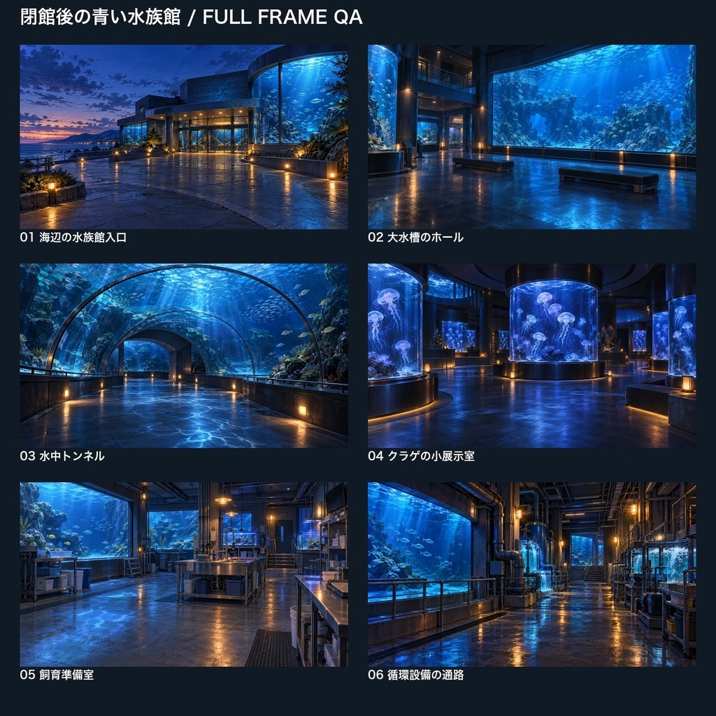 【背景素材6枚】閉館後の青い水族館 ― 大水槽とバックヤード|TRPG・ゲーム・商用利用可