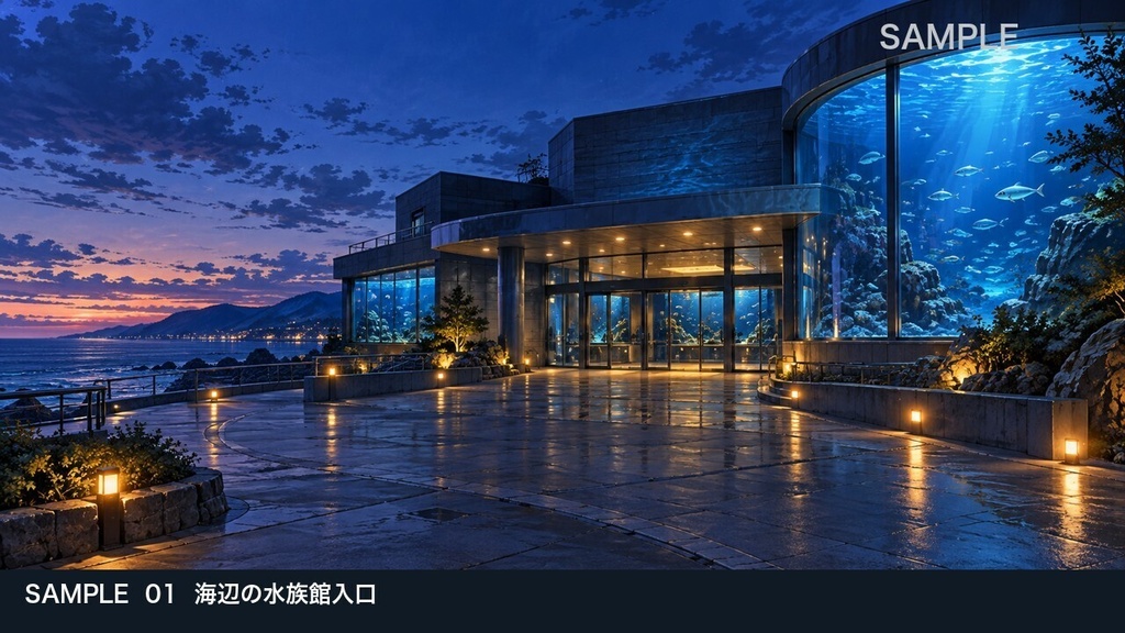 【背景素材6枚】閉館後の青い水族館 ― 大水槽とバックヤード|TRPG・ゲーム・商用利用可