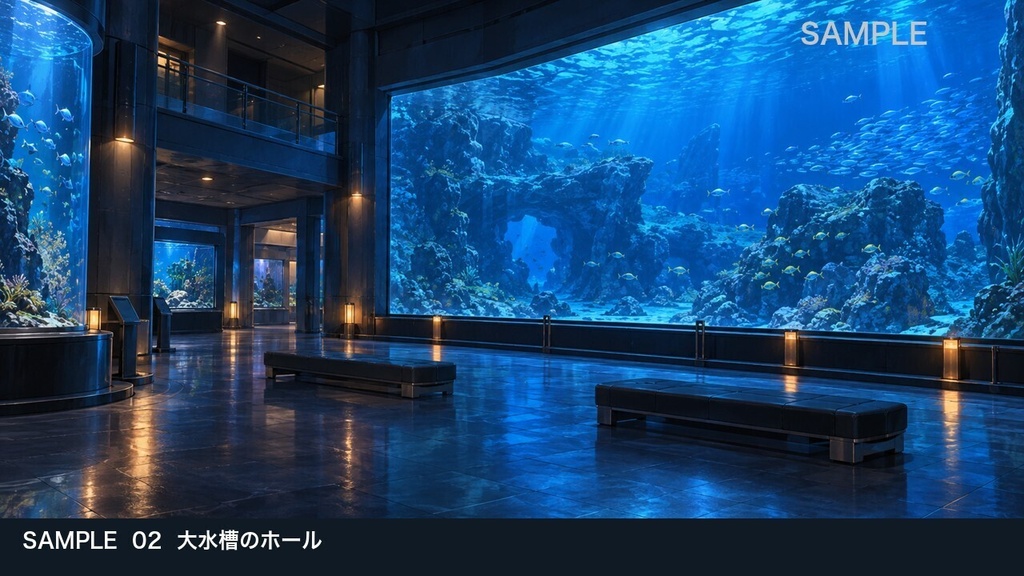 【背景素材6枚】閉館後の青い水族館 ― 大水槽とバックヤード|TRPG・ゲーム・商用利用可