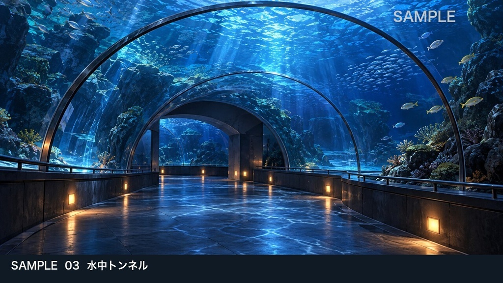【背景素材6枚】閉館後の青い水族館 ― 大水槽とバックヤード|TRPG・ゲーム・商用利用可