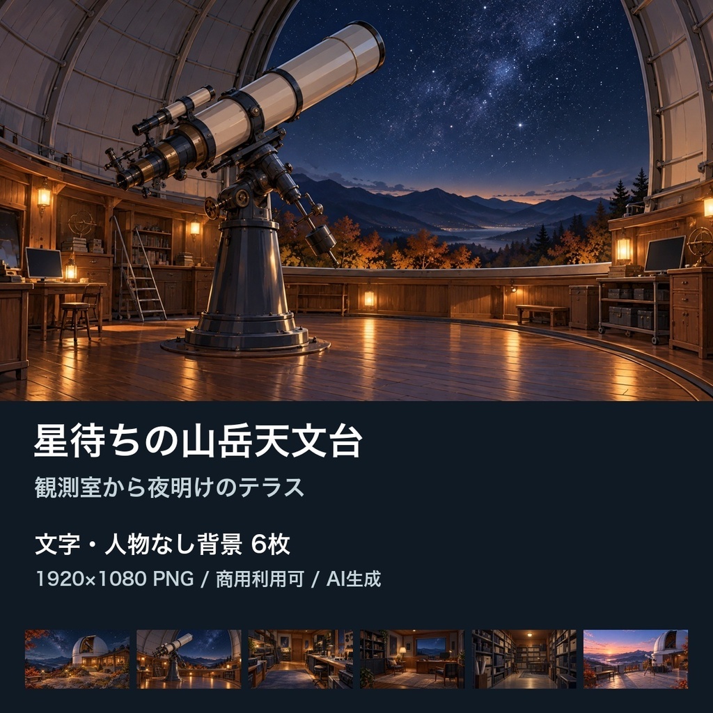 【背景素材6枚】星待ちの山岳天文台 ― 観測室から夜明けのテラス｜TRPG・ゲーム・商用利用可