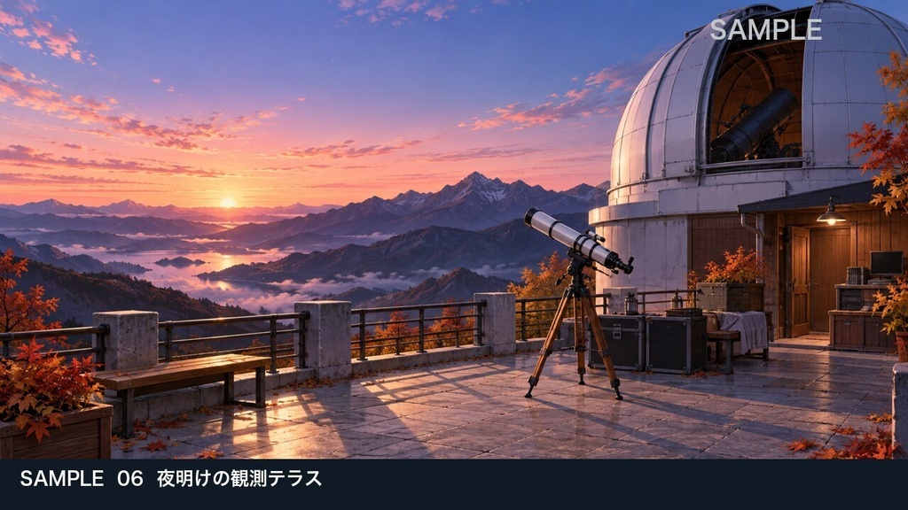 【背景素材6枚】星待ちの山岳天文台 ― 観測室から夜明けのテラス|TRPG・ゲーム・商用利用可