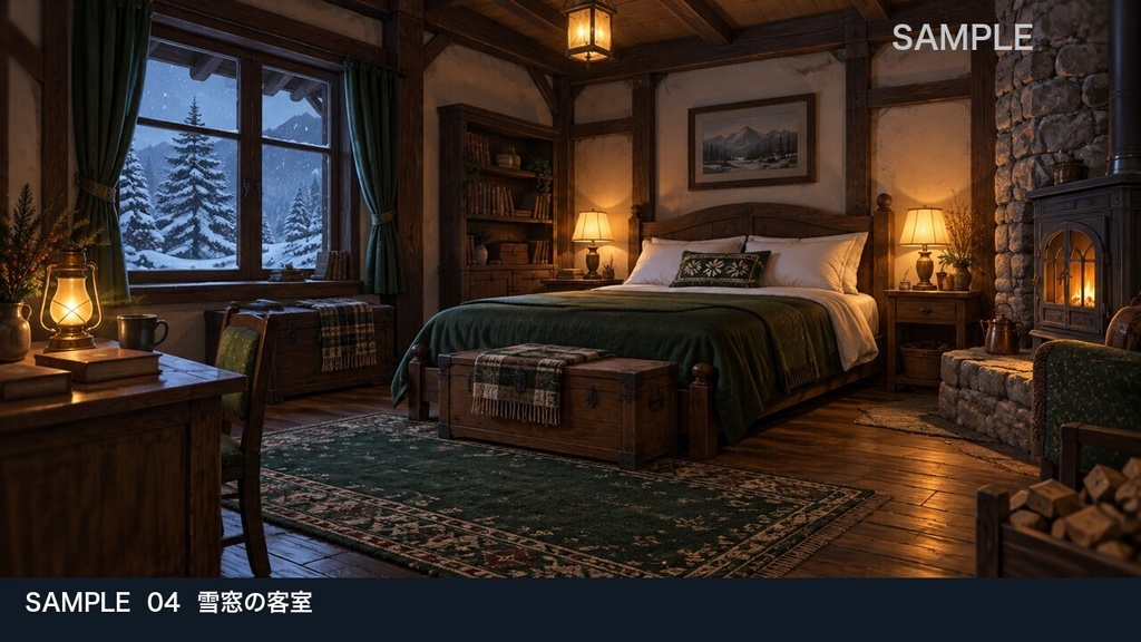 【背景素材6枚】雪に閉ざされた山荘 ― 暖炉と吹雪の夜|TRPG・ゲーム・商用利用可