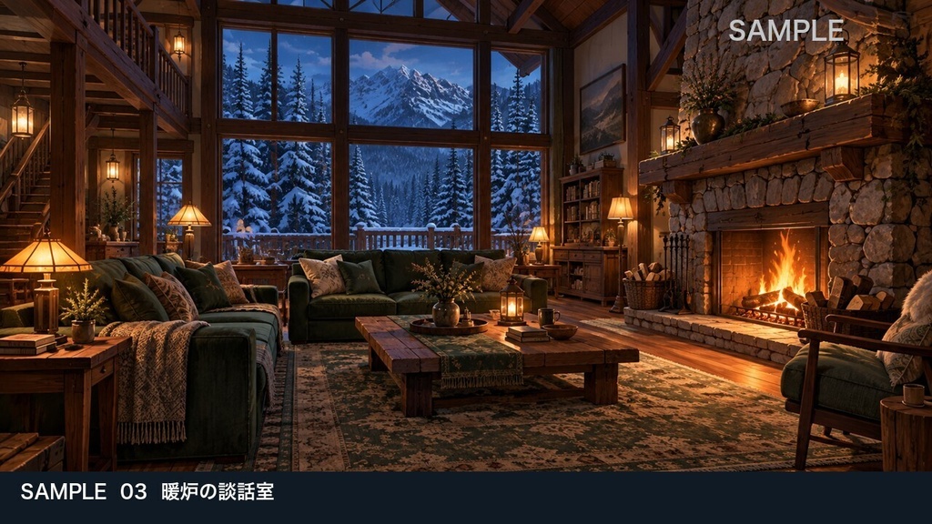 【背景素材6枚】雪に閉ざされた山荘 ― 暖炉と吹雪の夜|TRPG・ゲーム・商用利用可