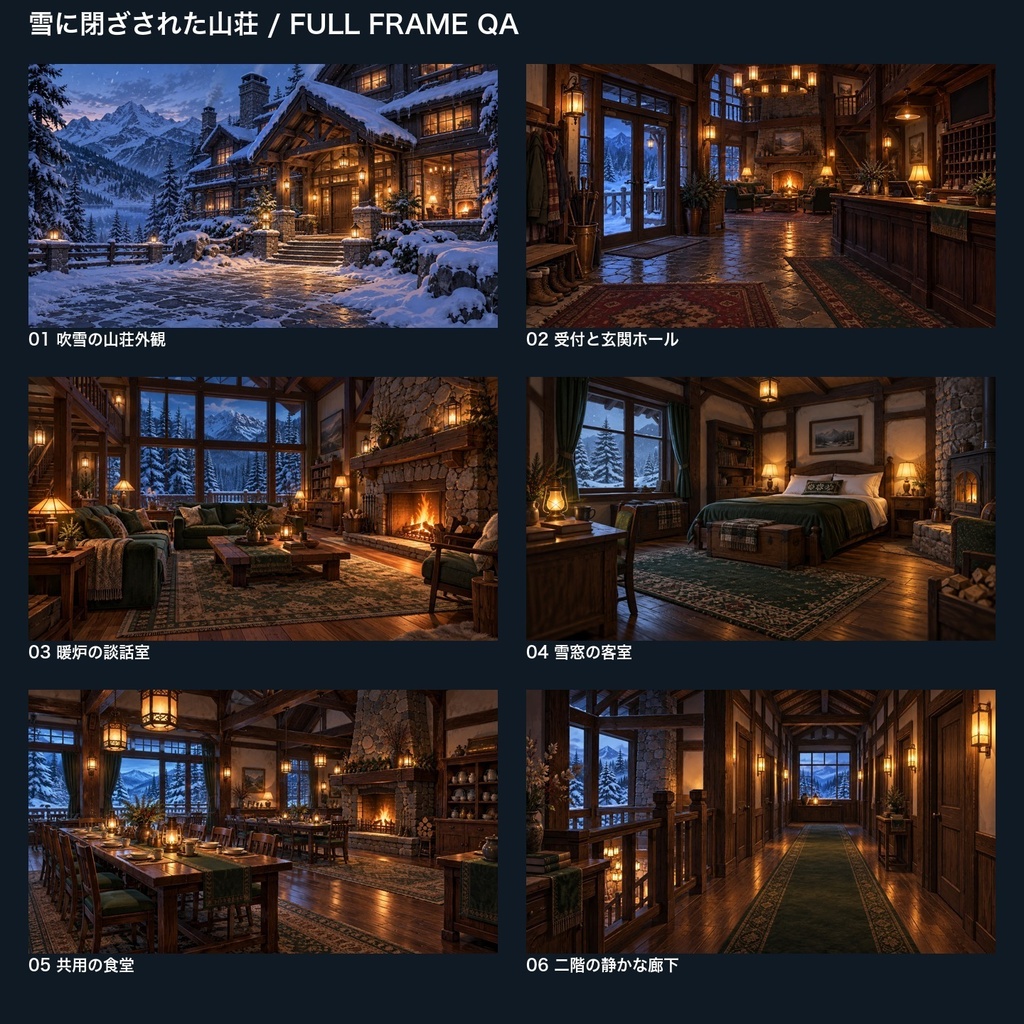【背景素材6枚】雪に閉ざされた山荘 ― 暖炉と吹雪の夜|TRPG・ゲーム・商用利用可