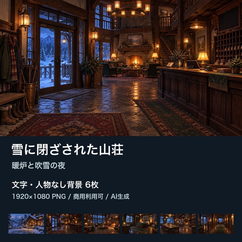 【背景素材6枚】雪に閉ざされた山荘 ― 暖炉と吹雪の夜｜TRPG・ゲーム・商用利用可