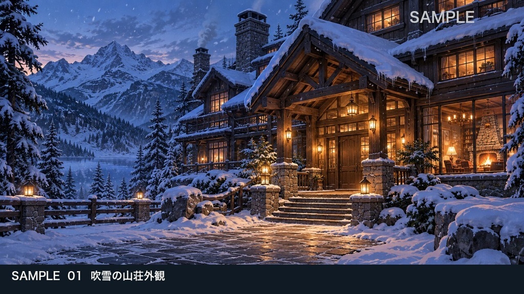 【背景素材6枚】雪に閉ざされた山荘 ― 暖炉と吹雪の夜|TRPG・ゲーム・商用利用可