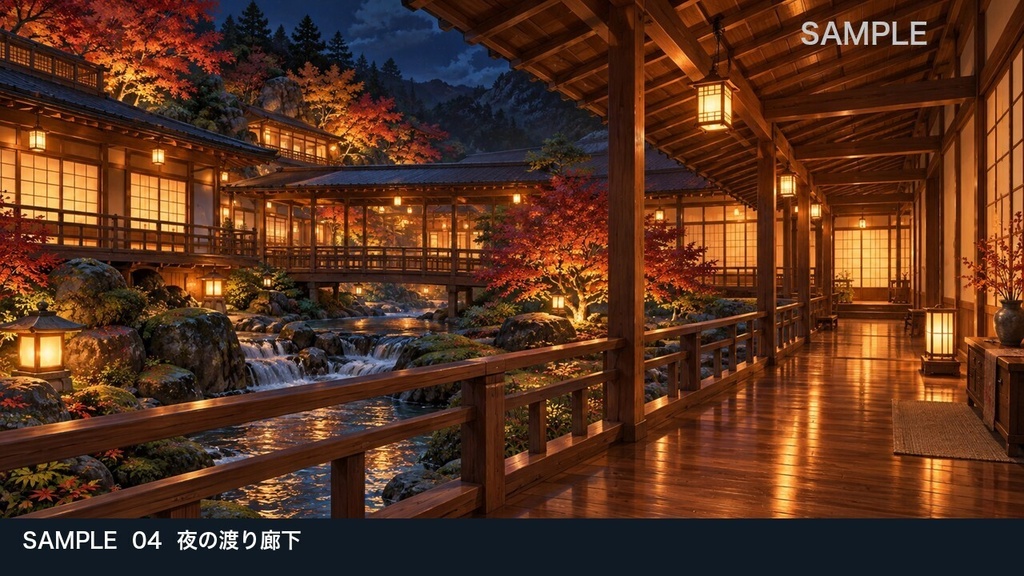 【背景素材6枚】渓流沿いの温泉旅館 ― 旅の到着と静かな夜|TRPG・ゲーム・商用利用可