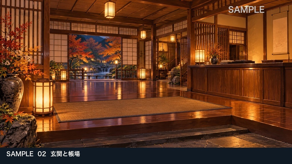 【背景素材6枚】渓流沿いの温泉旅館 ― 旅の到着と静かな夜|TRPG・ゲーム・商用利用可