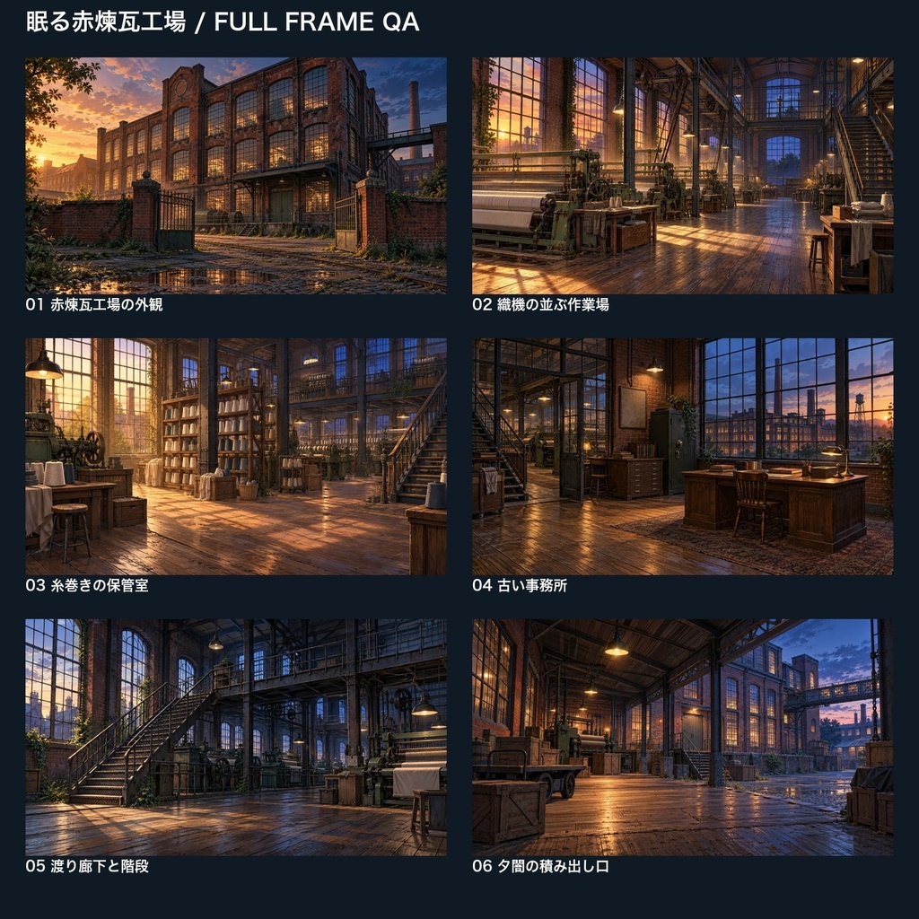 【背景素材6枚】眠る赤煉瓦工場 ― 機械の止まった探索路|TRPG・ゲーム・商用利用可