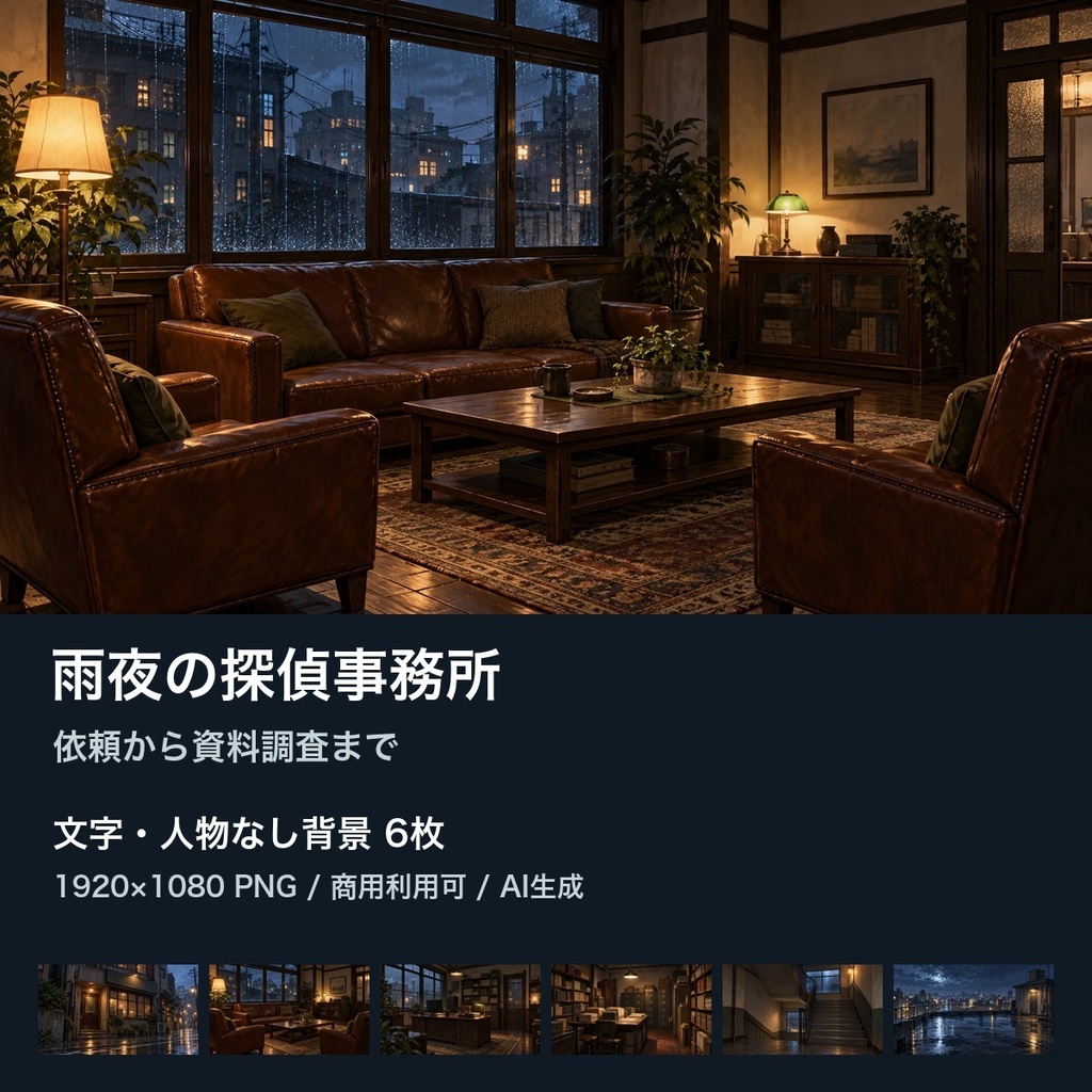 【背景素材6枚】雨夜の探偵事務所 ― 依頼から資料調査まで｜TRPG・ゲーム・商用利用可