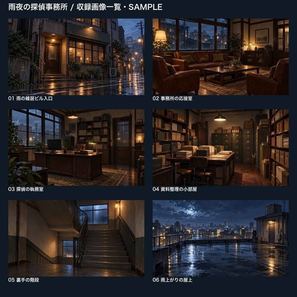 【背景素材6枚】雨夜の探偵事務所 ― 依頼から資料調査まで|TRPG・ゲーム・商用利用可