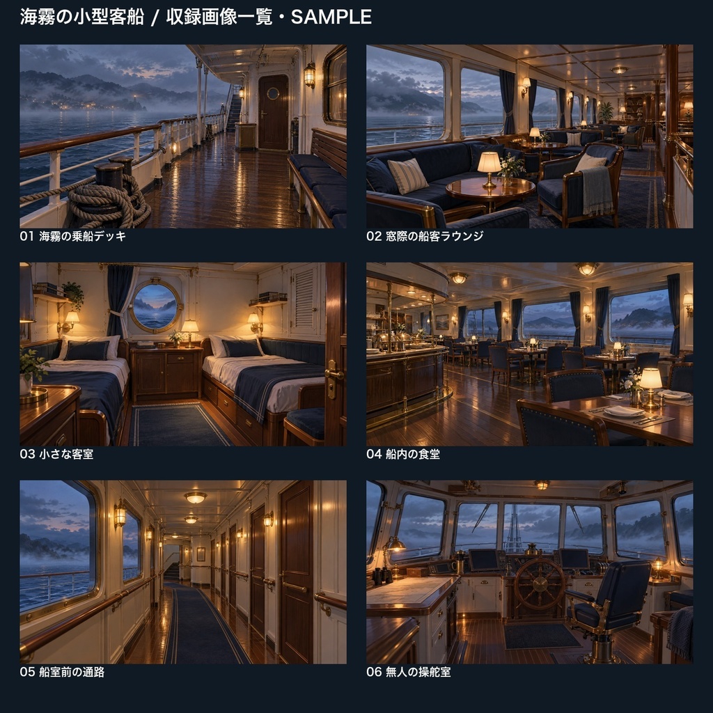 【背景素材6枚】海霧の小型客船 ― 甲板から船室の探索へ|TRPG・ゲーム・商用利用可