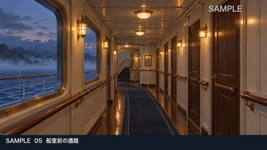 【背景素材6枚】海霧の小型客船 ― 甲板から船室の探索へ|TRPG・ゲーム・商用利用可