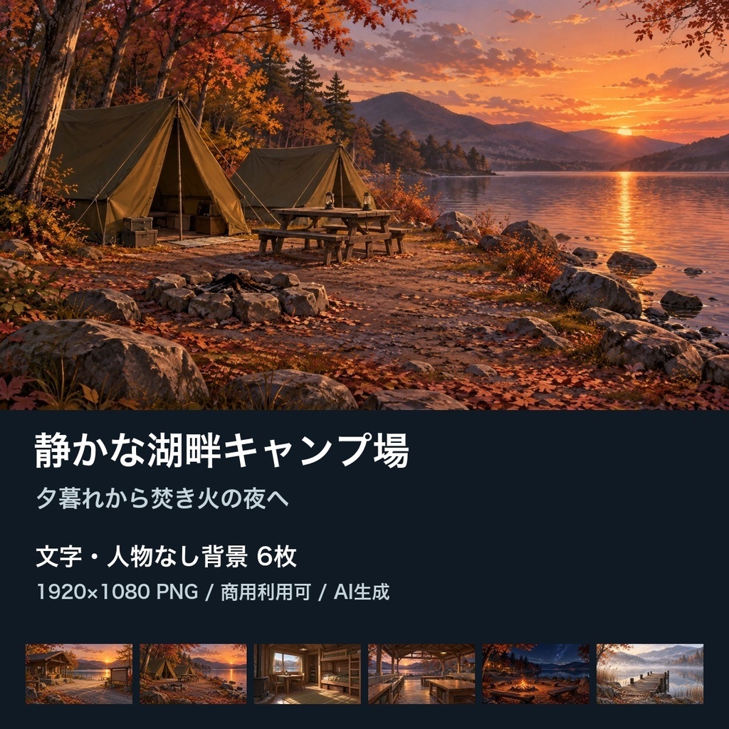 【背景素材6枚】静かな湖畔キャンプ場 ― 夕暮れから焚き火の夜へ｜TRPG・ゲーム・商用利用可