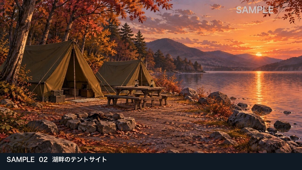 【背景素材6枚】静かな湖畔キャンプ場 ― 夕暮れから焚き火の夜へ|TRPG・ゲーム・商用利用可