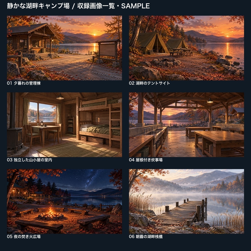 【背景素材6枚】静かな湖畔キャンプ場 ― 夕暮れから焚き火の夜へ|TRPG・ゲーム・商用利用可