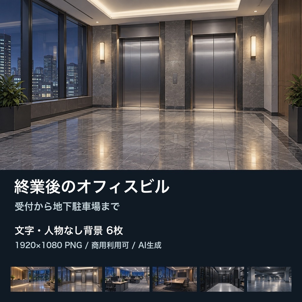 【背景素材6枚】終業後のオフィスビル ― 受付から地下駐車場まで｜TRPG・ゲーム・商用利用可