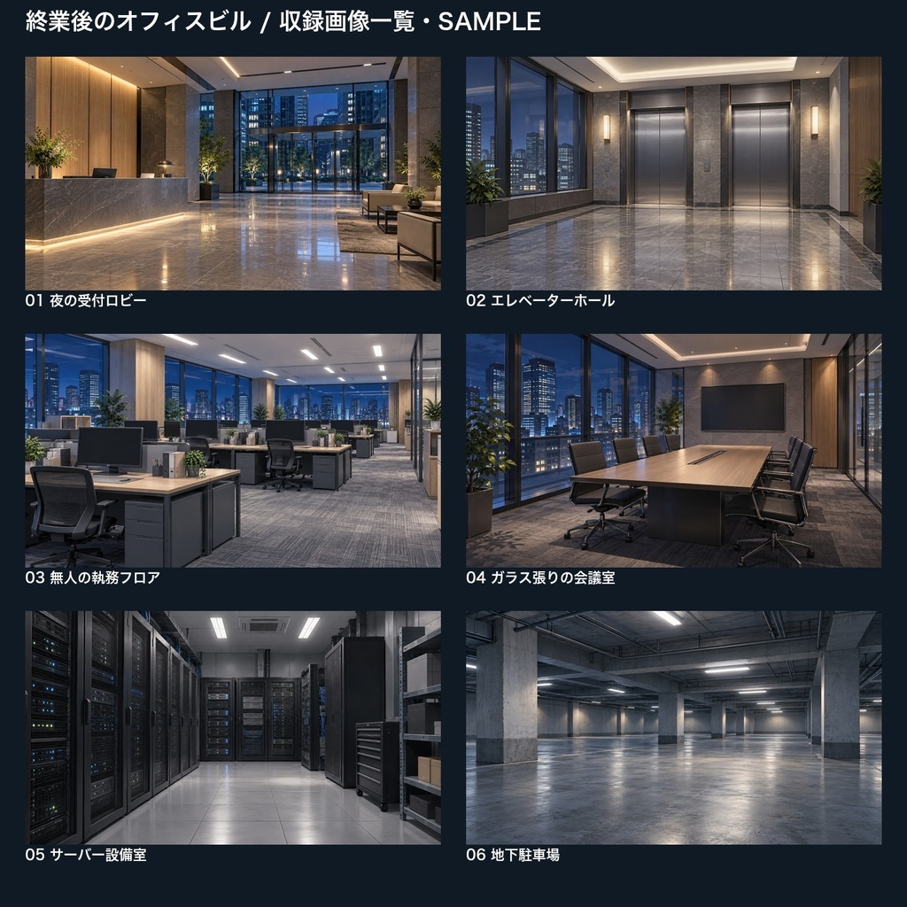 【背景素材6枚】終業後のオフィスビル ― 受付から地下駐車場まで|TRPG・ゲーム・商用利用可