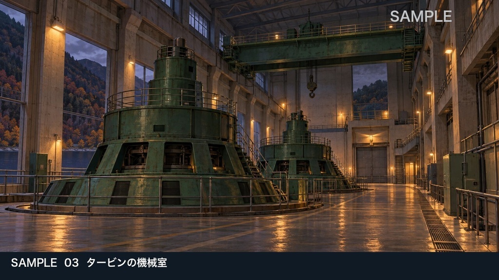 【背景素材6枚】山間の水力発電所 ― ダム湖と静かな機械室|TRPG・ゲーム・商用利用可