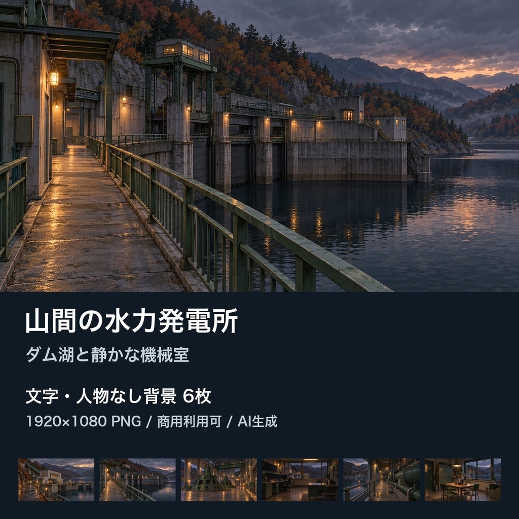 【背景素材6枚】山間の水力発電所 ― ダム湖と静かな機械室|TRPG・ゲーム・商用利用可