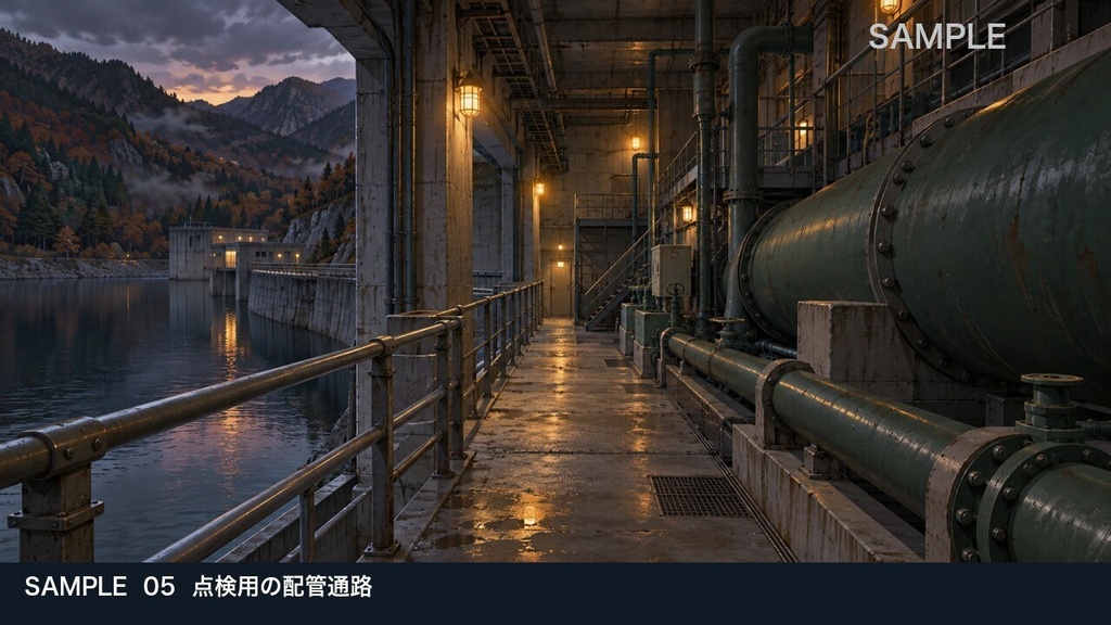 【背景素材6枚】山間の水力発電所 ― ダム湖と静かな機械室|TRPG・ゲーム・商用利用可