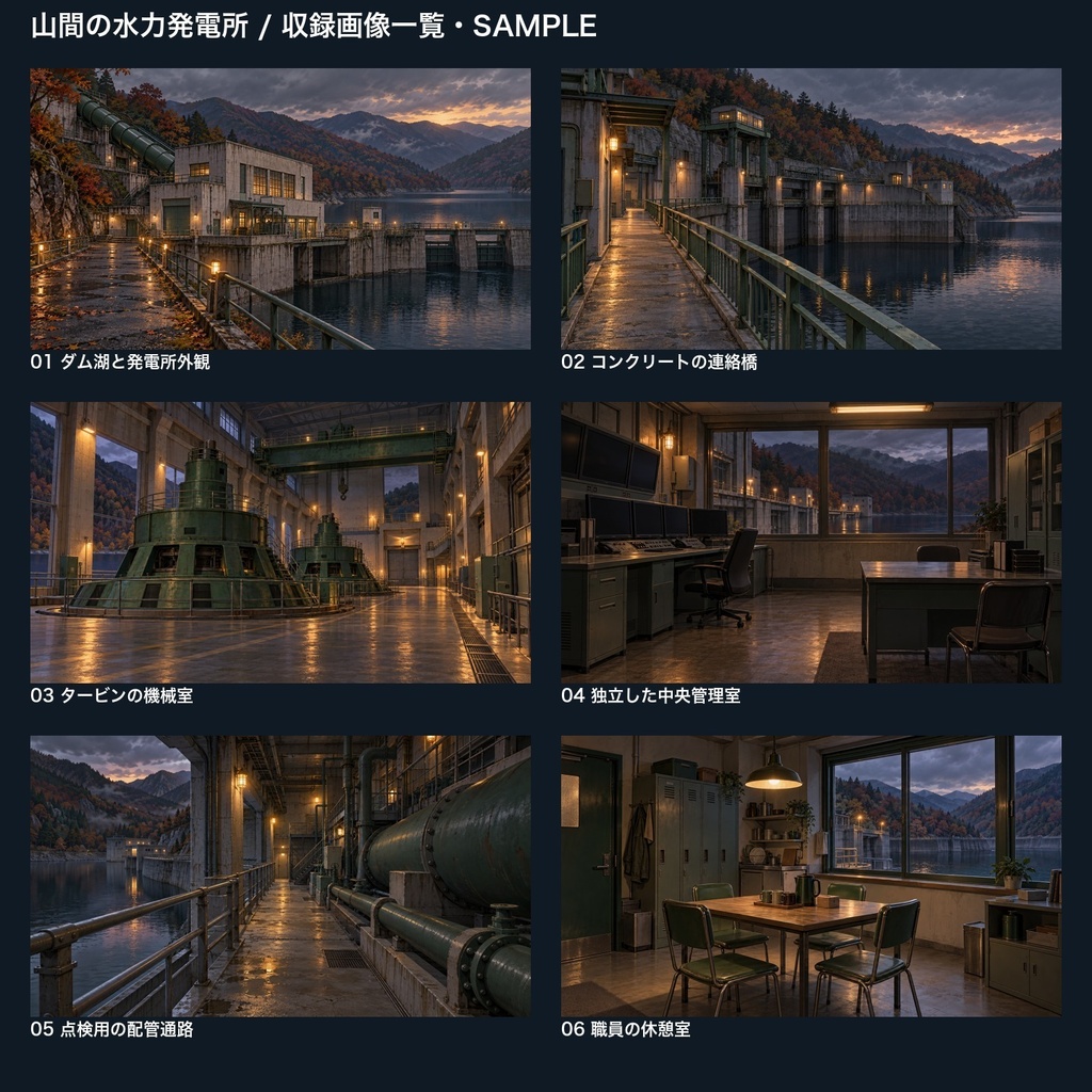 【背景素材6枚】山間の水力発電所 ― ダム湖と静かな機械室|TRPG・ゲーム・商用利用可