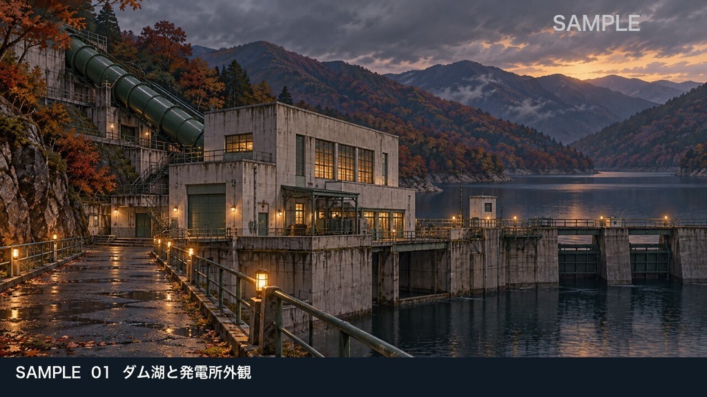 【背景素材6枚】山間の水力発電所 ― ダム湖と静かな機械室|TRPG・ゲーム・商用利用可