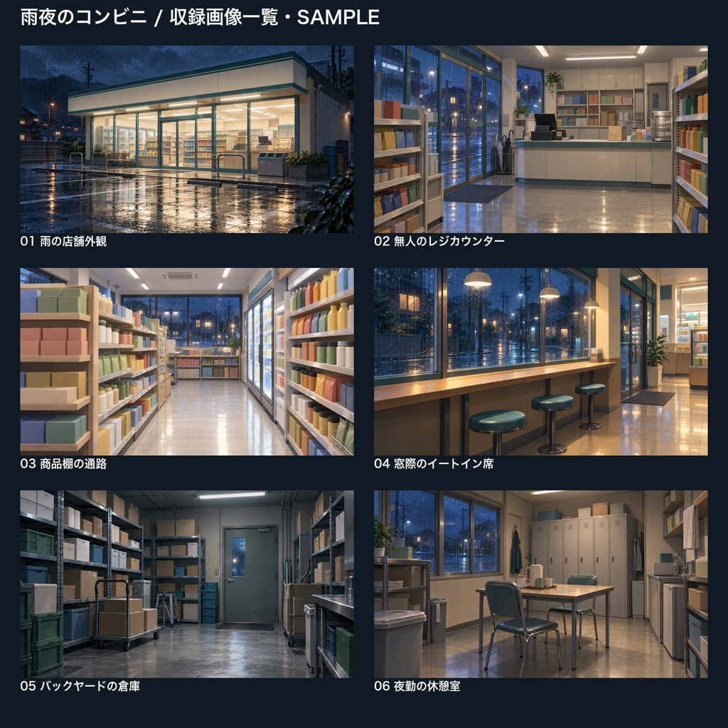 【背景素材6枚】雨夜のコンビニ ― 買い物と深夜の待ち合わせ|TRPG・ゲーム・商用利用可