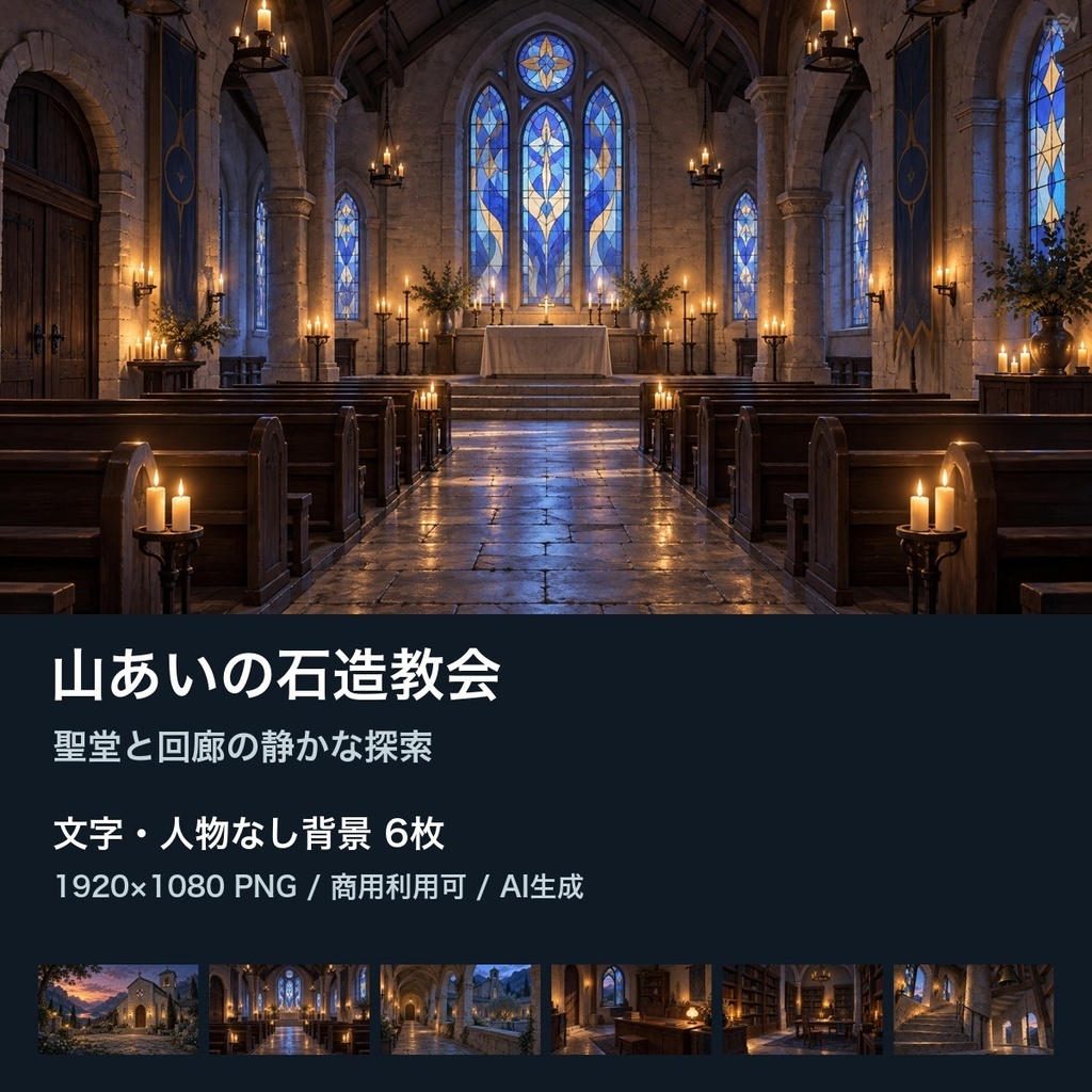 【背景素材6枚】山あいの石造教会 ― 聖堂と回廊の静かな探索|TRPG・ゲーム・商用利用可