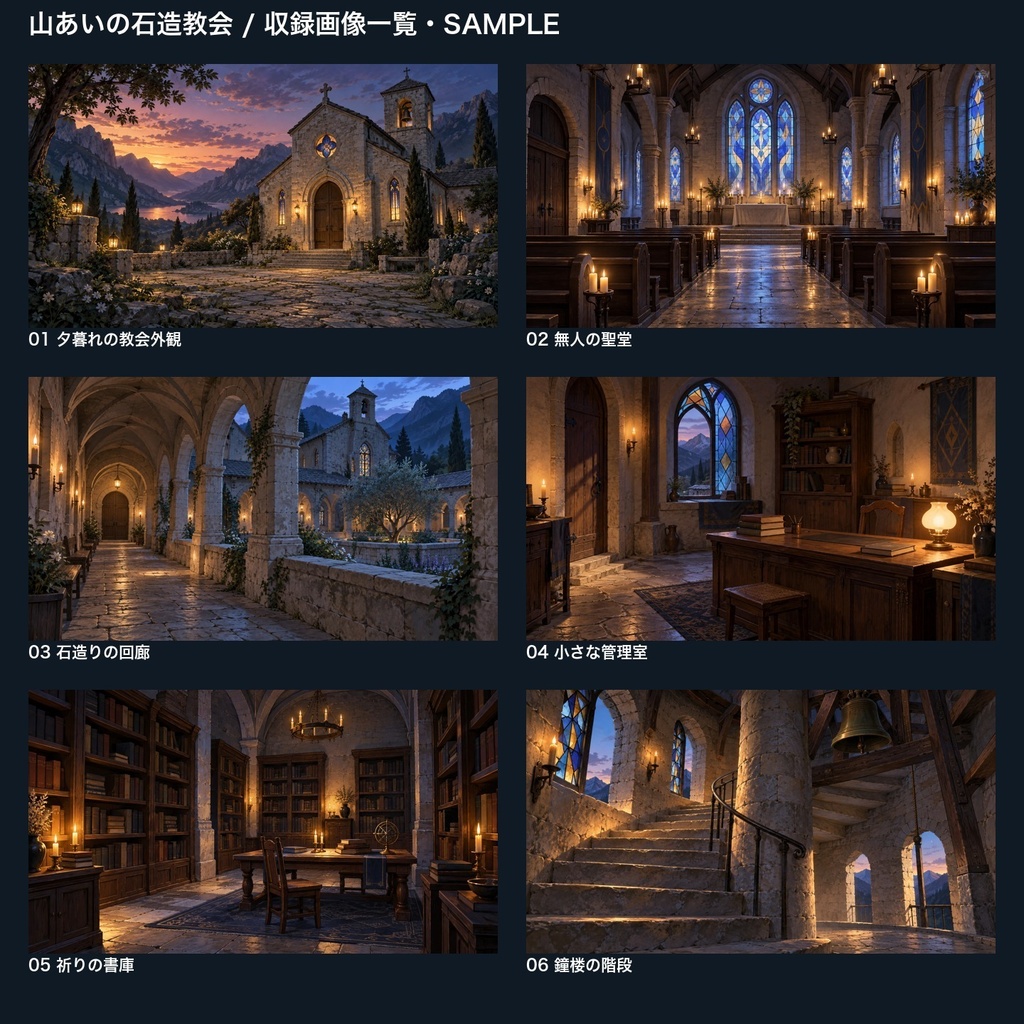 【背景素材6枚】山あいの石造教会 ― 聖堂と回廊の静かな探索|TRPG・ゲーム・商用利用可